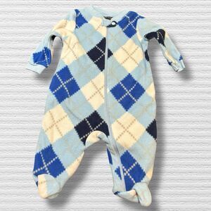 Faded Glory Baby Boys Fleece Footed Sleeper Pajamas 0-3M Blue Argyle Zip-Up